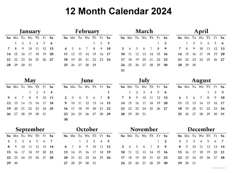 Free Printable 12 Month Calendar on one page 2024