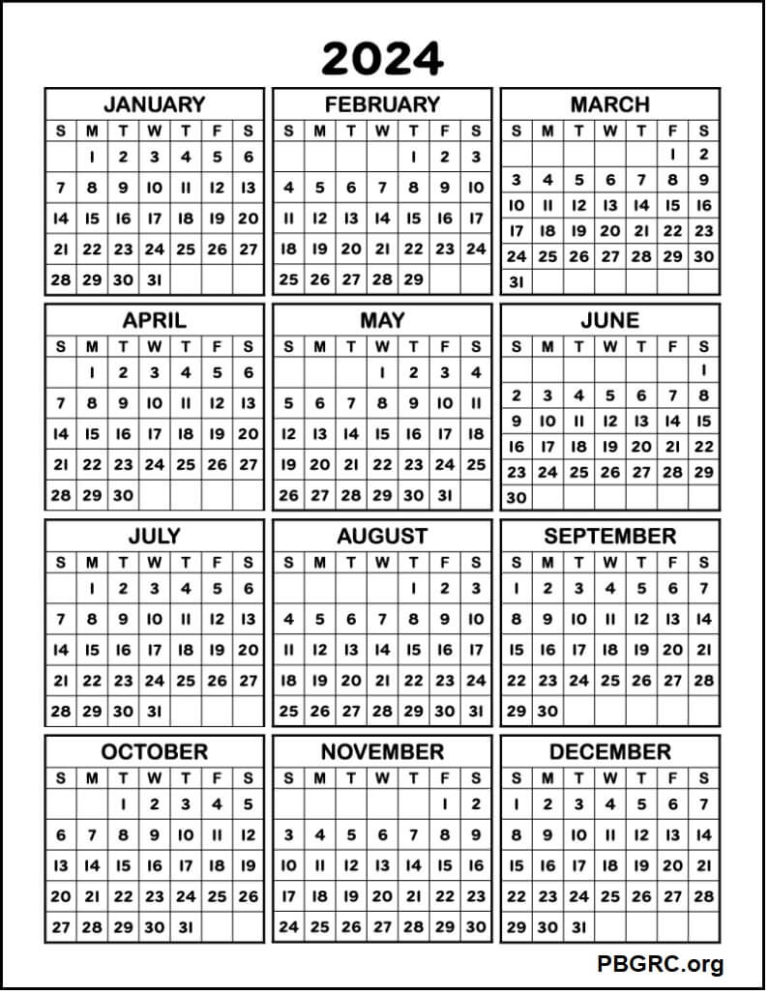 Free Printable 12 Month Calendar on one page 2024