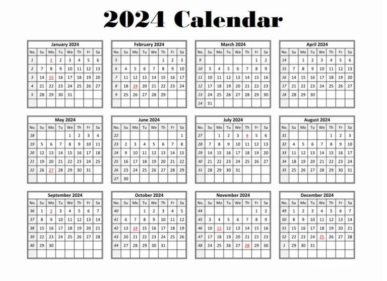 Free Printable 12 Month Calendar on one page 2024