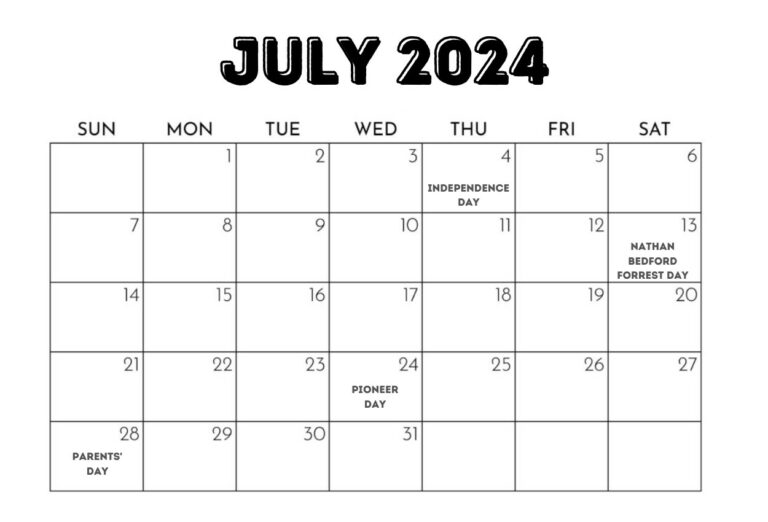 July 2024 Calendar Template With Holidays Date