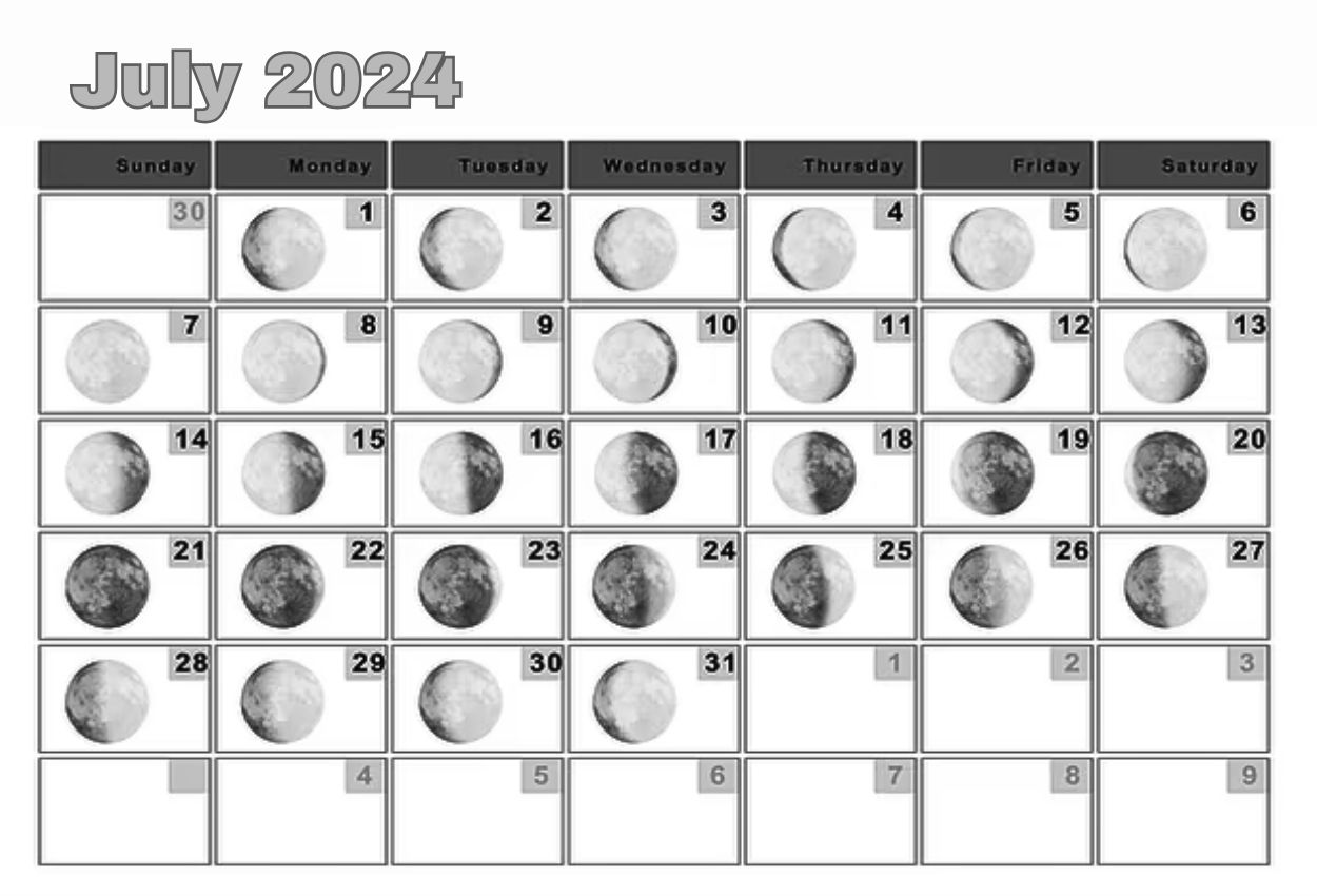 Lunar July 2024 Calendar Moon Phases with Dates