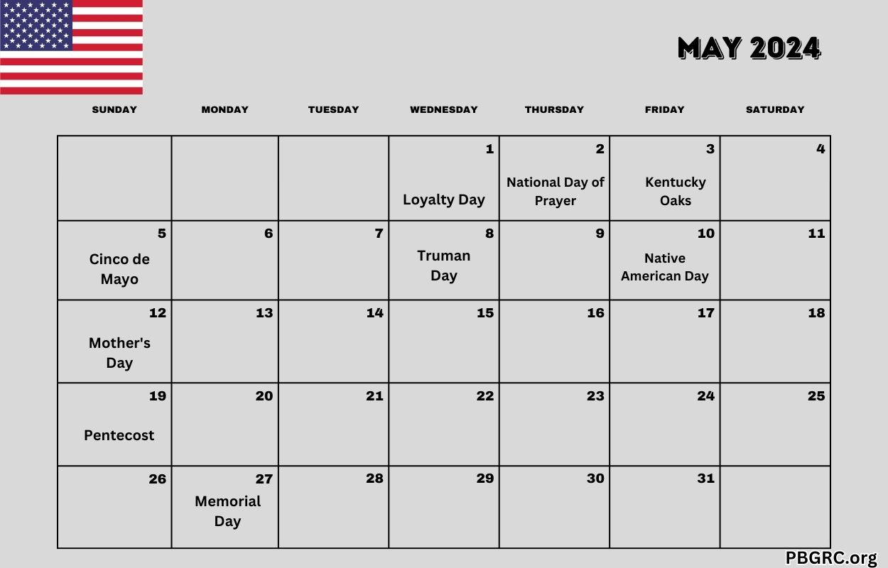 May 2024 Calendar Holidays with Dates