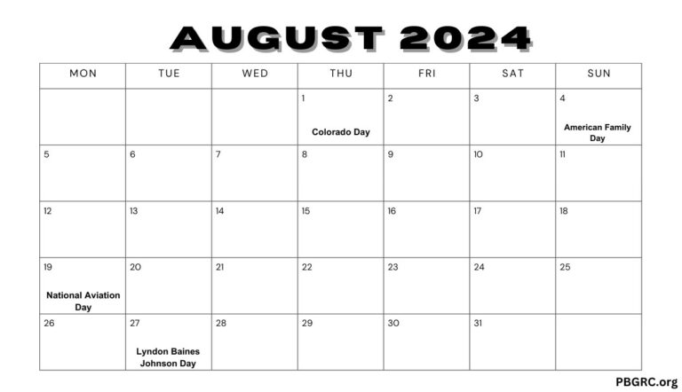 August 2024 Holidays Calendar Template With Date