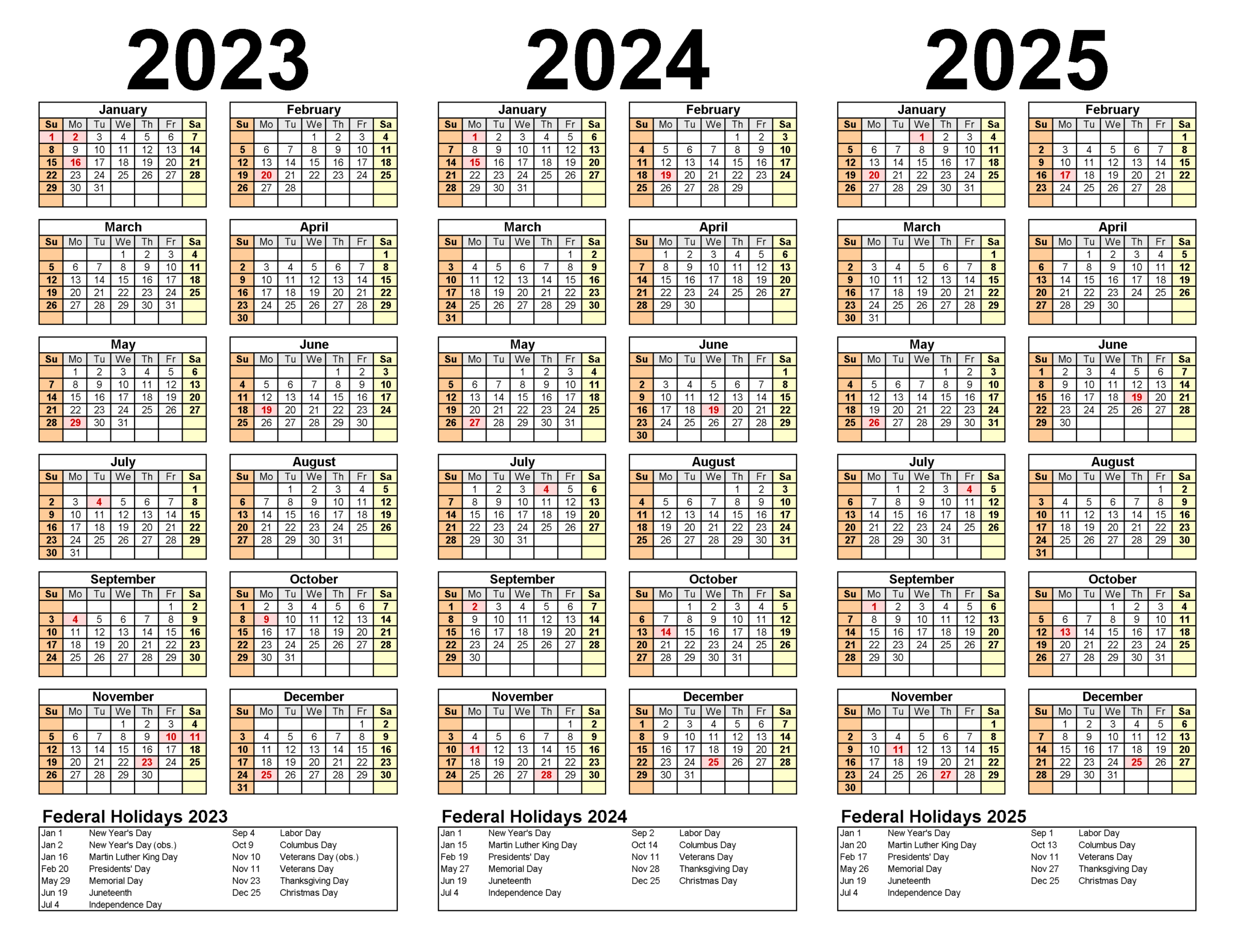 Free Printable ThreeYear Calendars Templates 2023/2024/2025