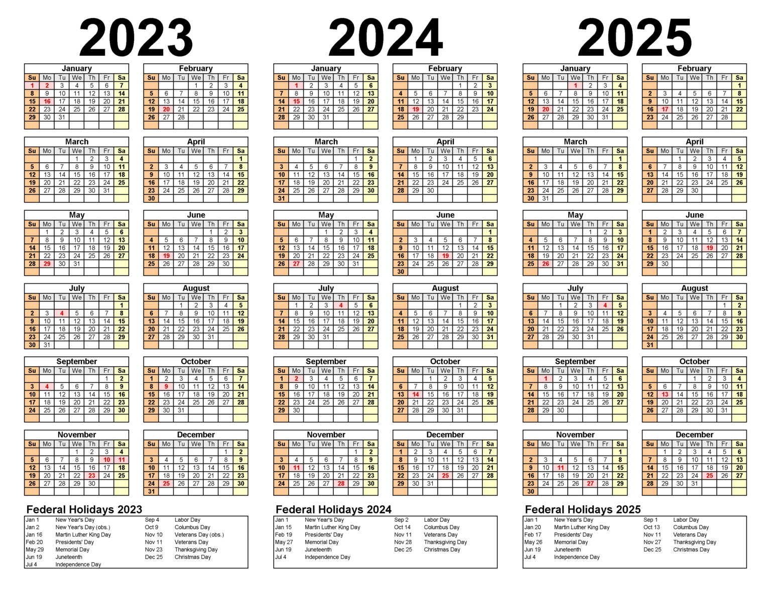 Free Printable Three-Year Calendars Templates 2023/2024/2025