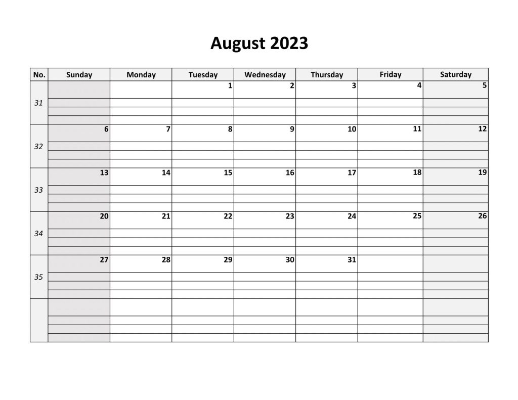 Blank August 2023 Calendar Fillable Template PDF