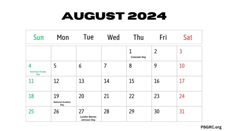 August 2024 Holidays Calendar Template With Date