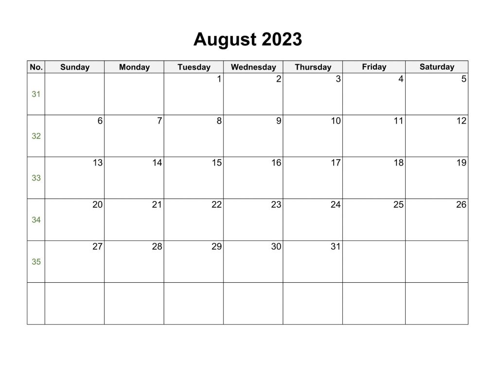 Blank August 2023 Calendar Fillable Template PDF