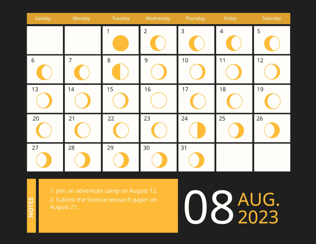 August Calendar 2023 Moon Phases with Dates