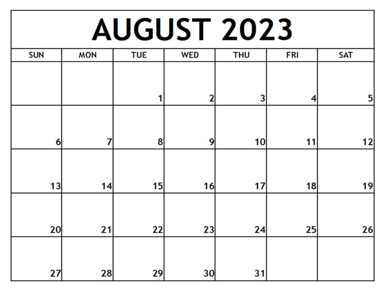 Blank August 2023 Calendar Fillable Template PDF