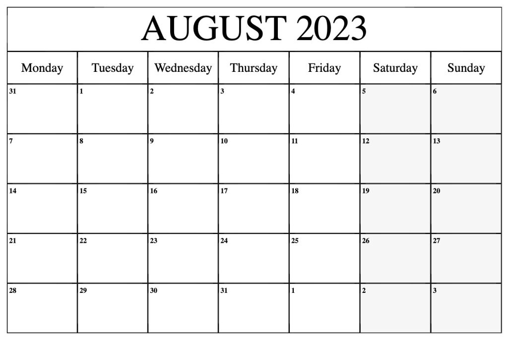 Blank August 2023 Calendar Fillable Template PDF