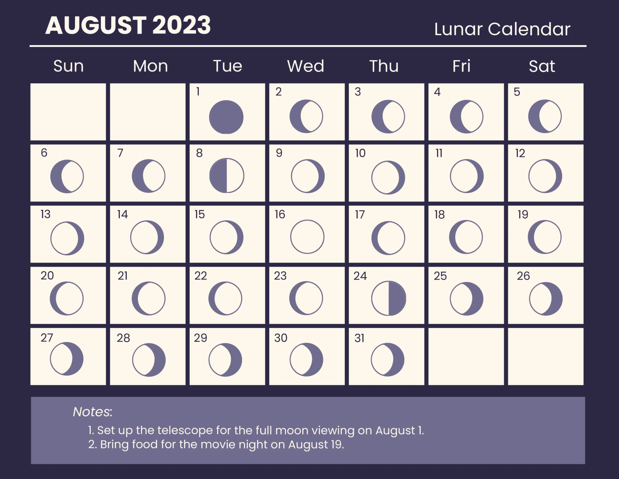 August Calendar 2023 Moon Phases with Dates