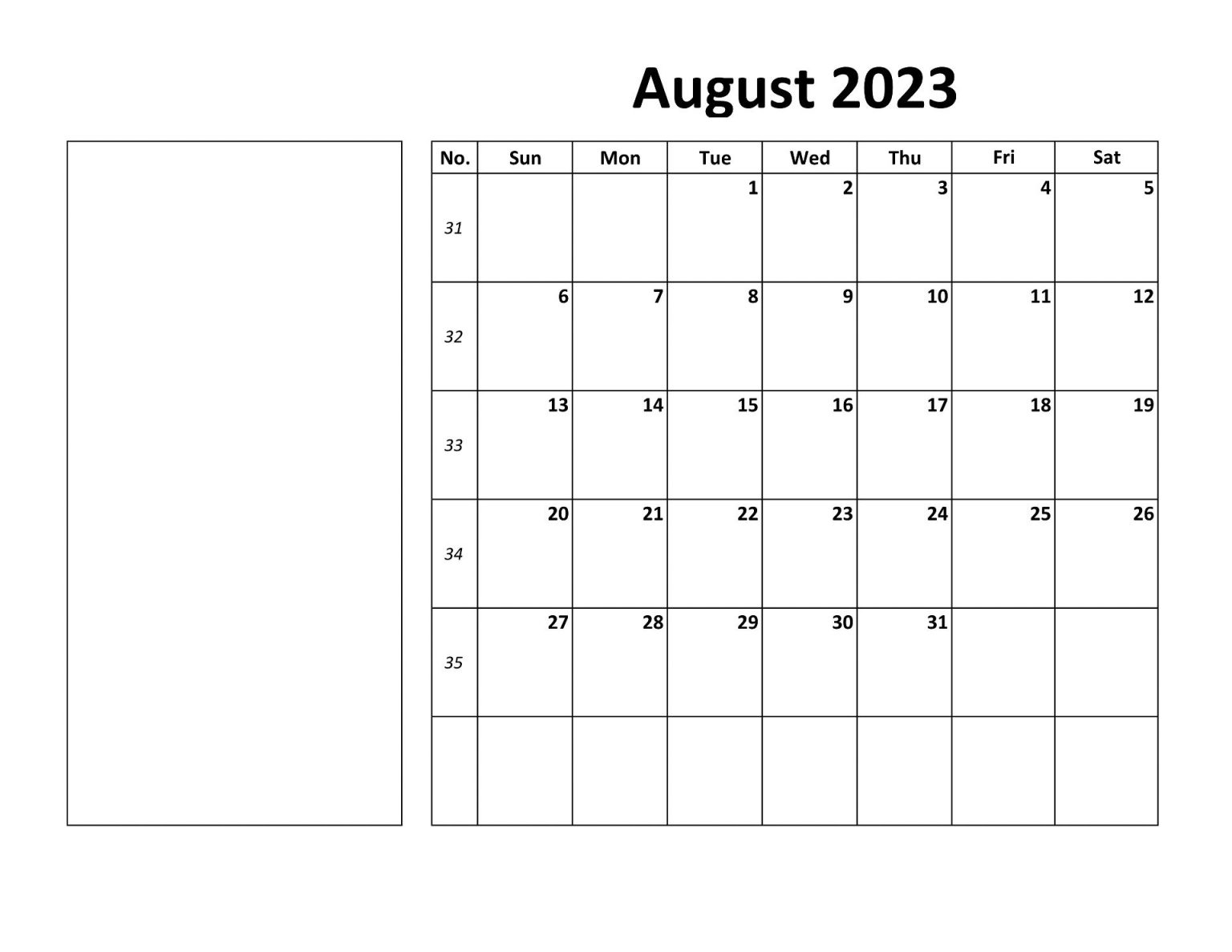 Blank August 2023 Calendar Fillable Template PDF