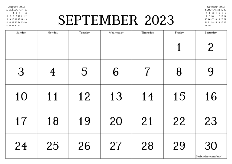 Editable September 2023 Calendar With Notes Large Space