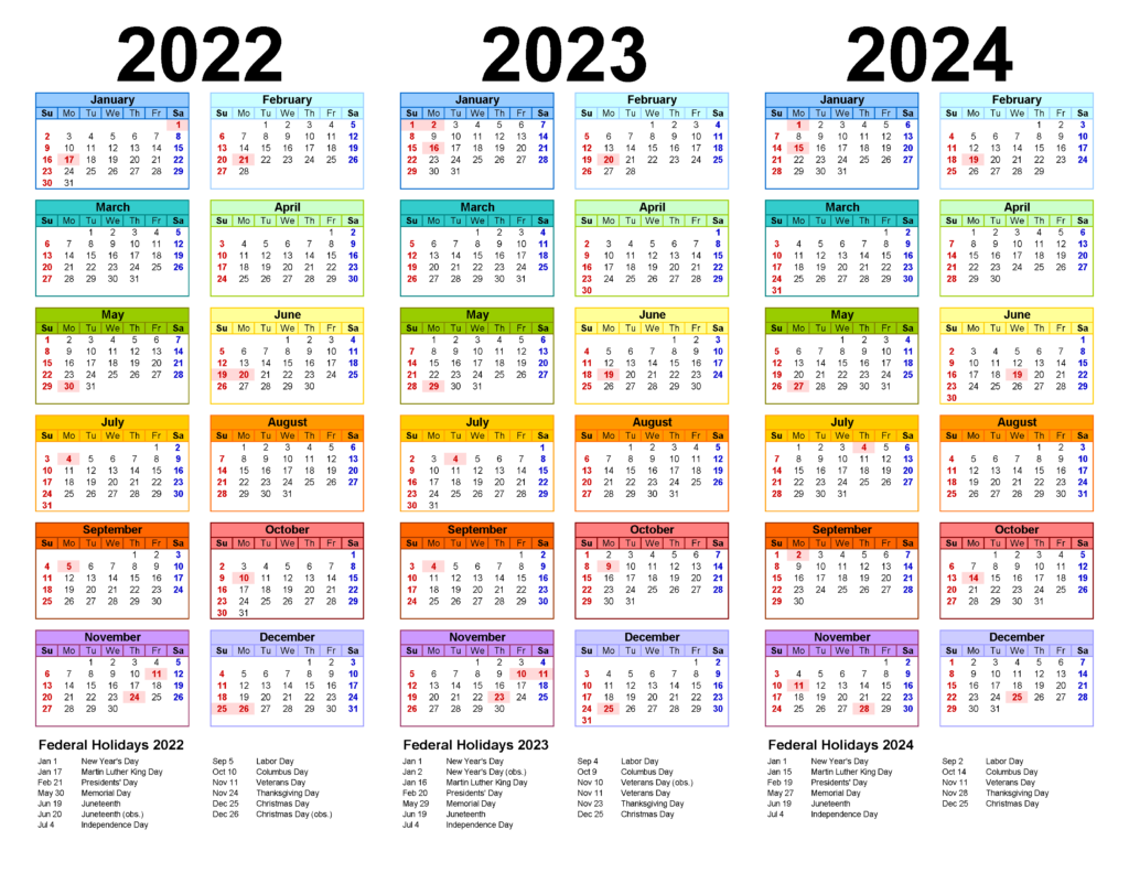 Free Printable Three-Year Calendars Templates 2023/2024/2025