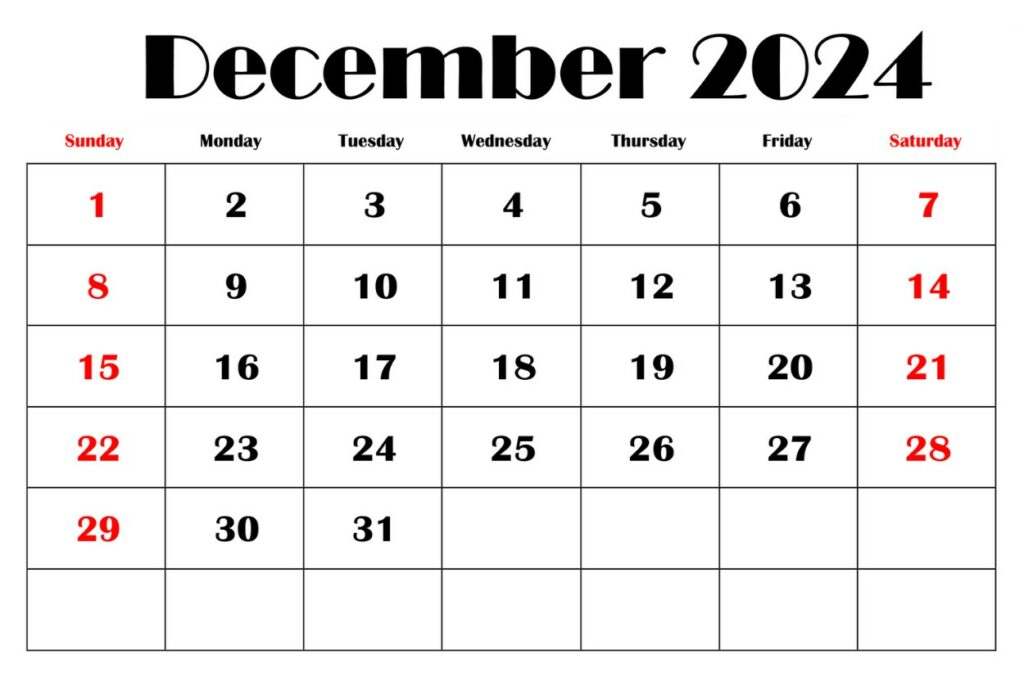 Blank December 2024 Calendar Fillable Template