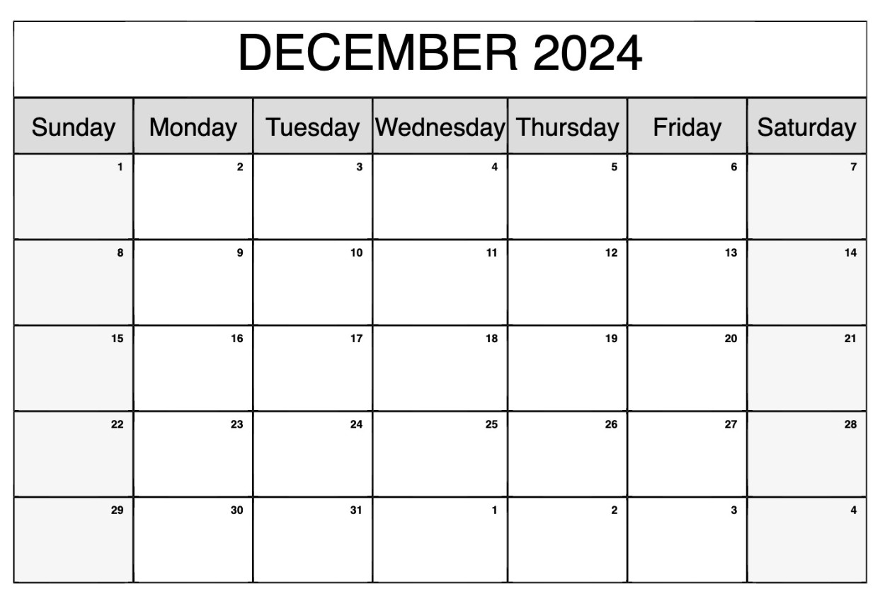 Blank December 2024 Calendar Fillable Template