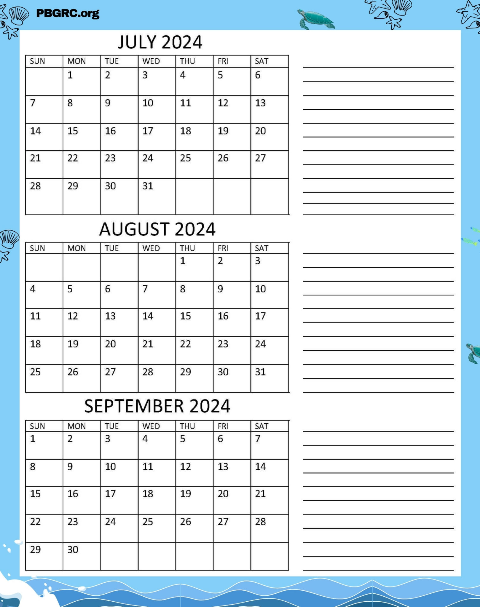 Printable July August September 2024 Calendar Templates