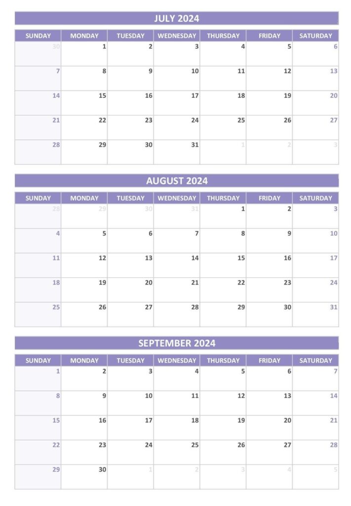 Printable July August September 2024 Calendar Templates