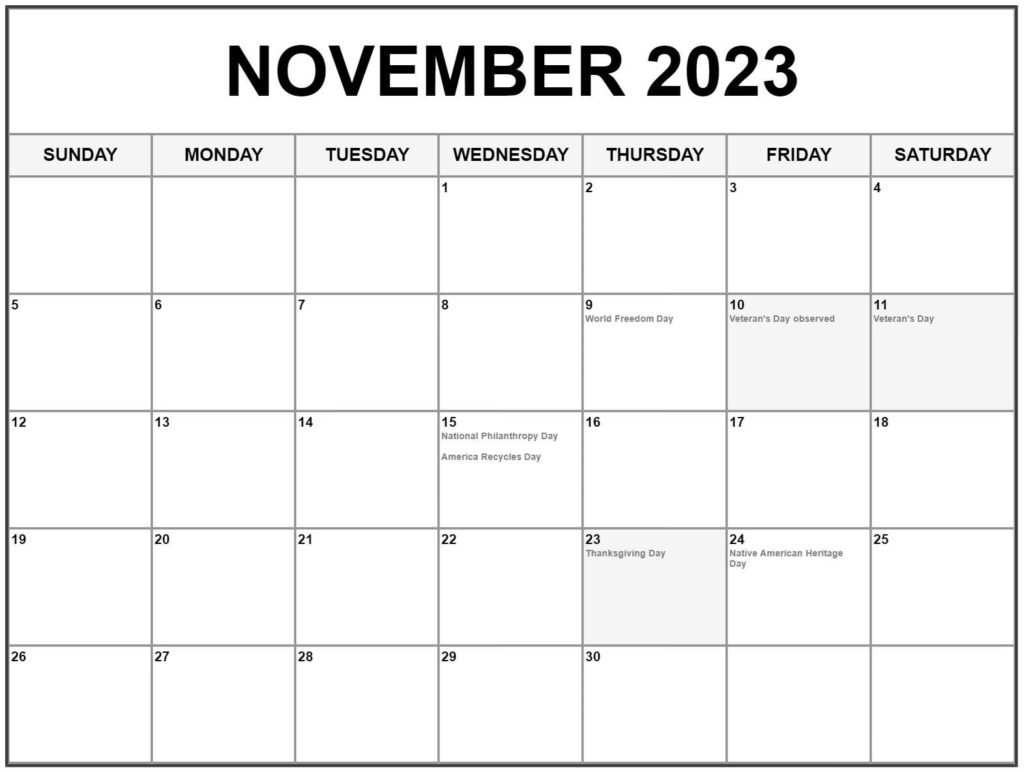 15+FREE November 2023 Calendar with Holidays Dates