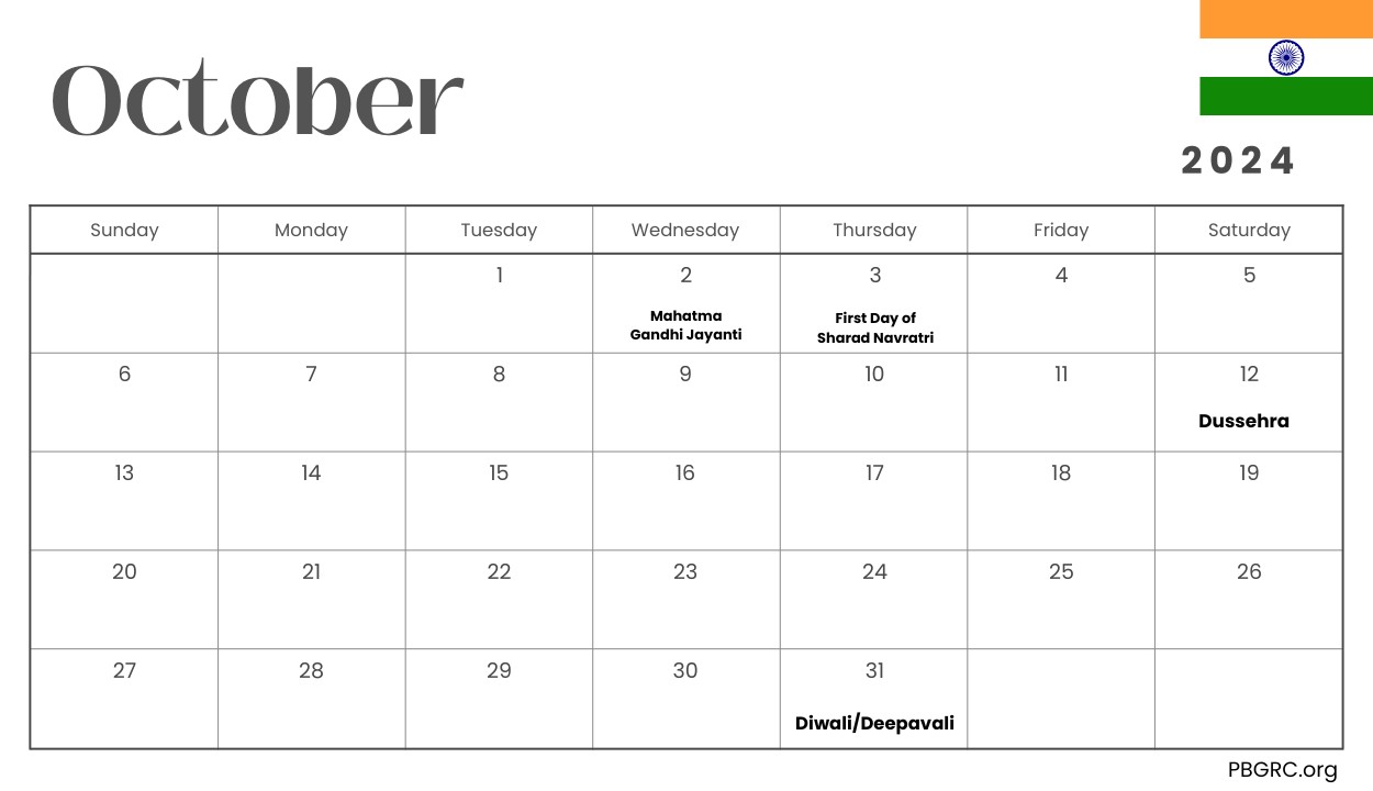 October 2024 Calendar with Holidays USA UK Canada Australia & More