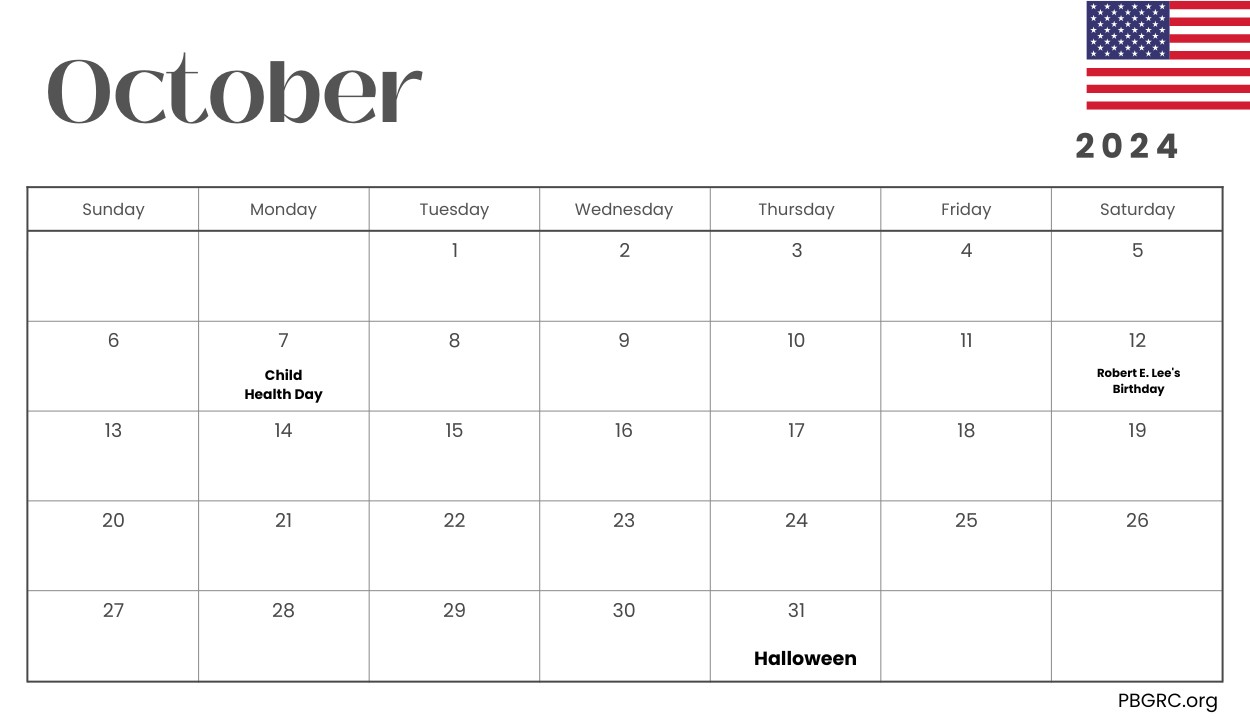 October 2024 Calendar with Holidays USA UK Canada Australia & More