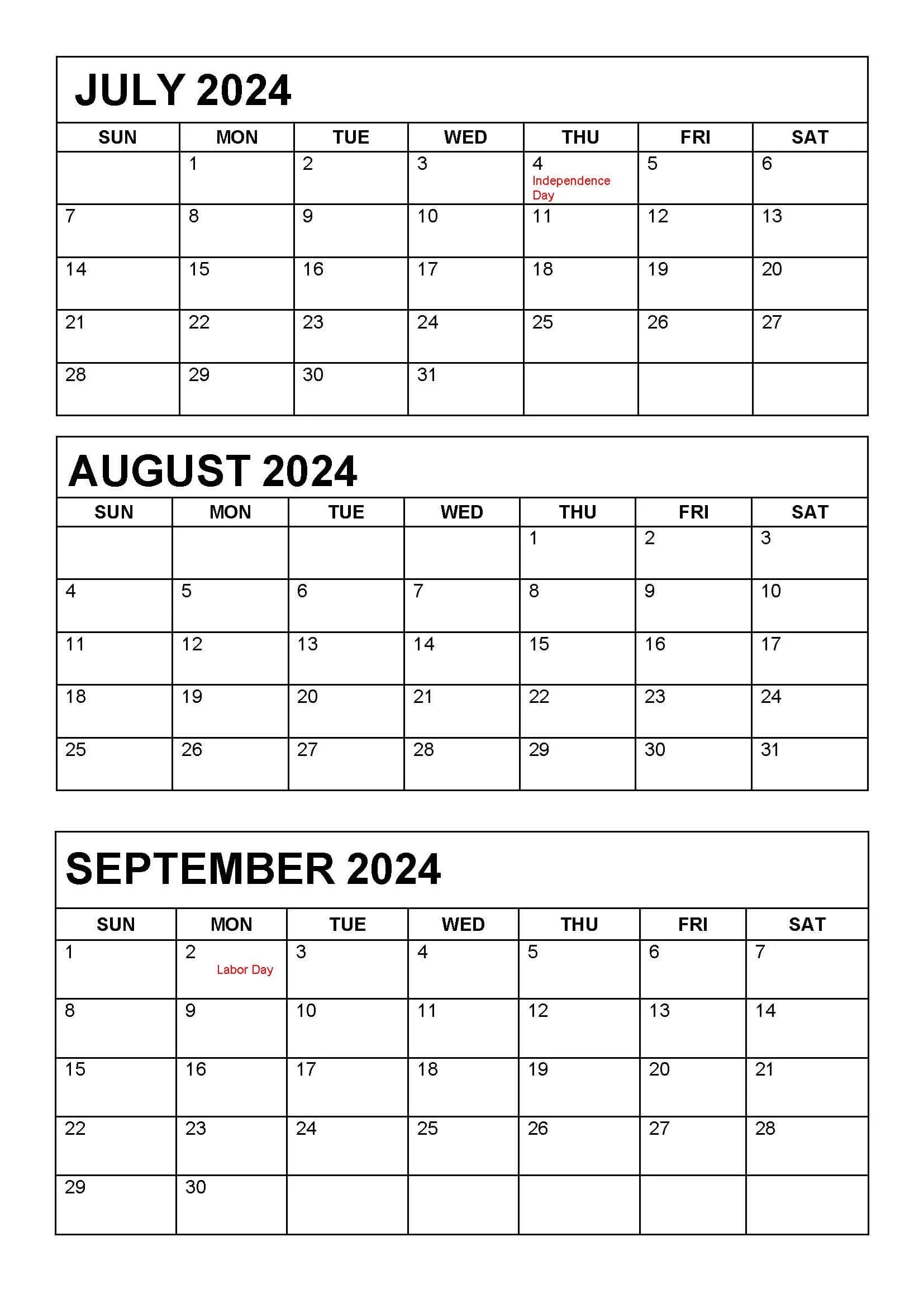 Printable July August September 2024 Calendar Templates