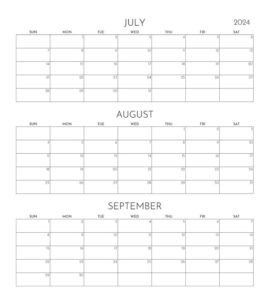 Printable July August September 2024 Calendar Templates