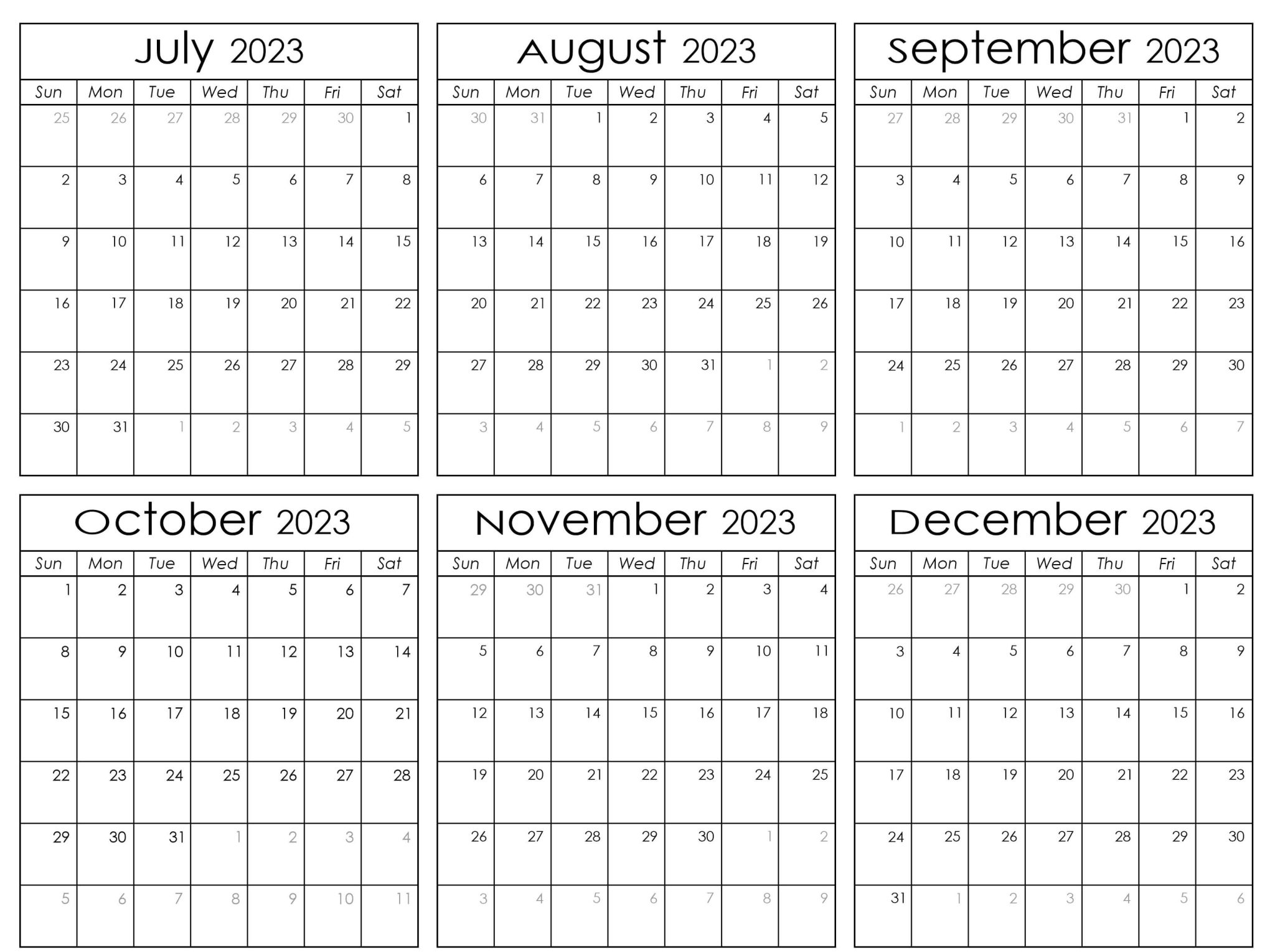 Free July To December 2023 Calendar 6 Months One Page