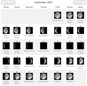 Lunar September 2023 Moon Phases Calendar with Dates