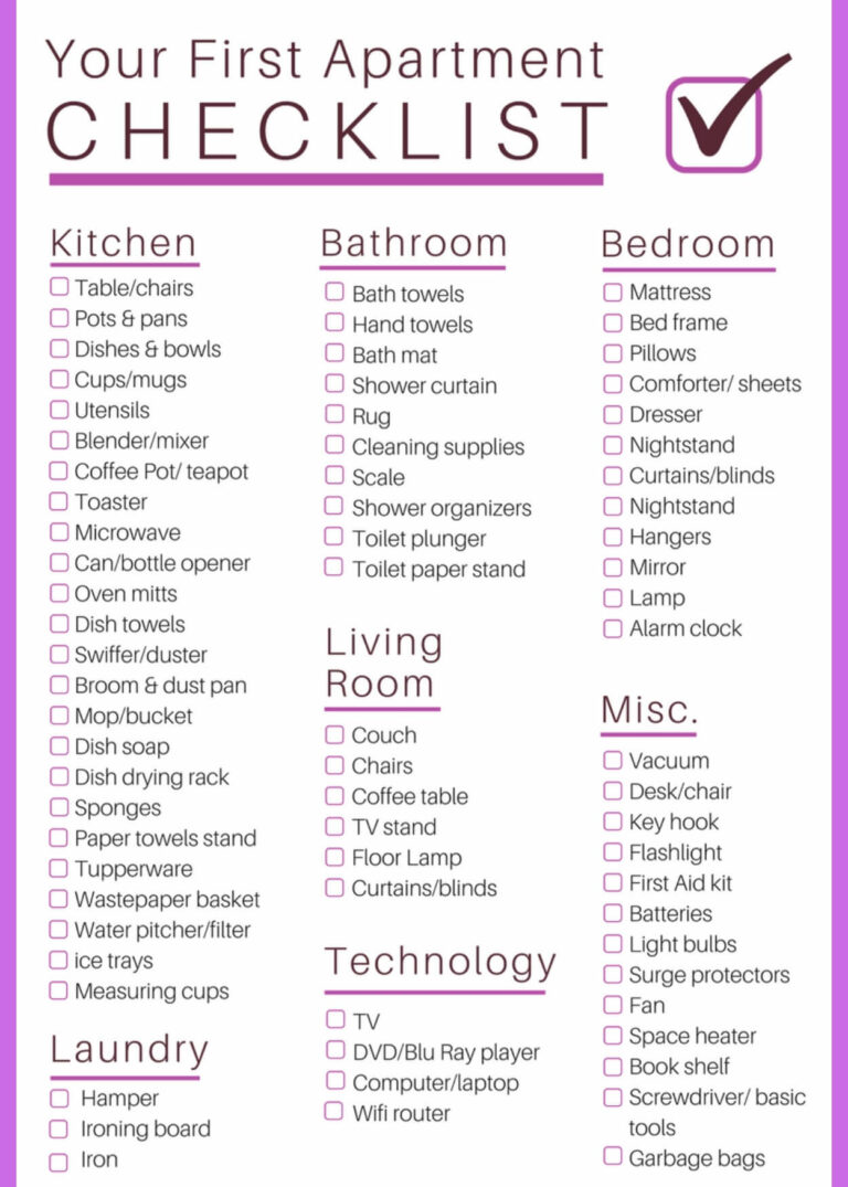 Printable Apartment Checklist Templates For First & College Apartments 2024