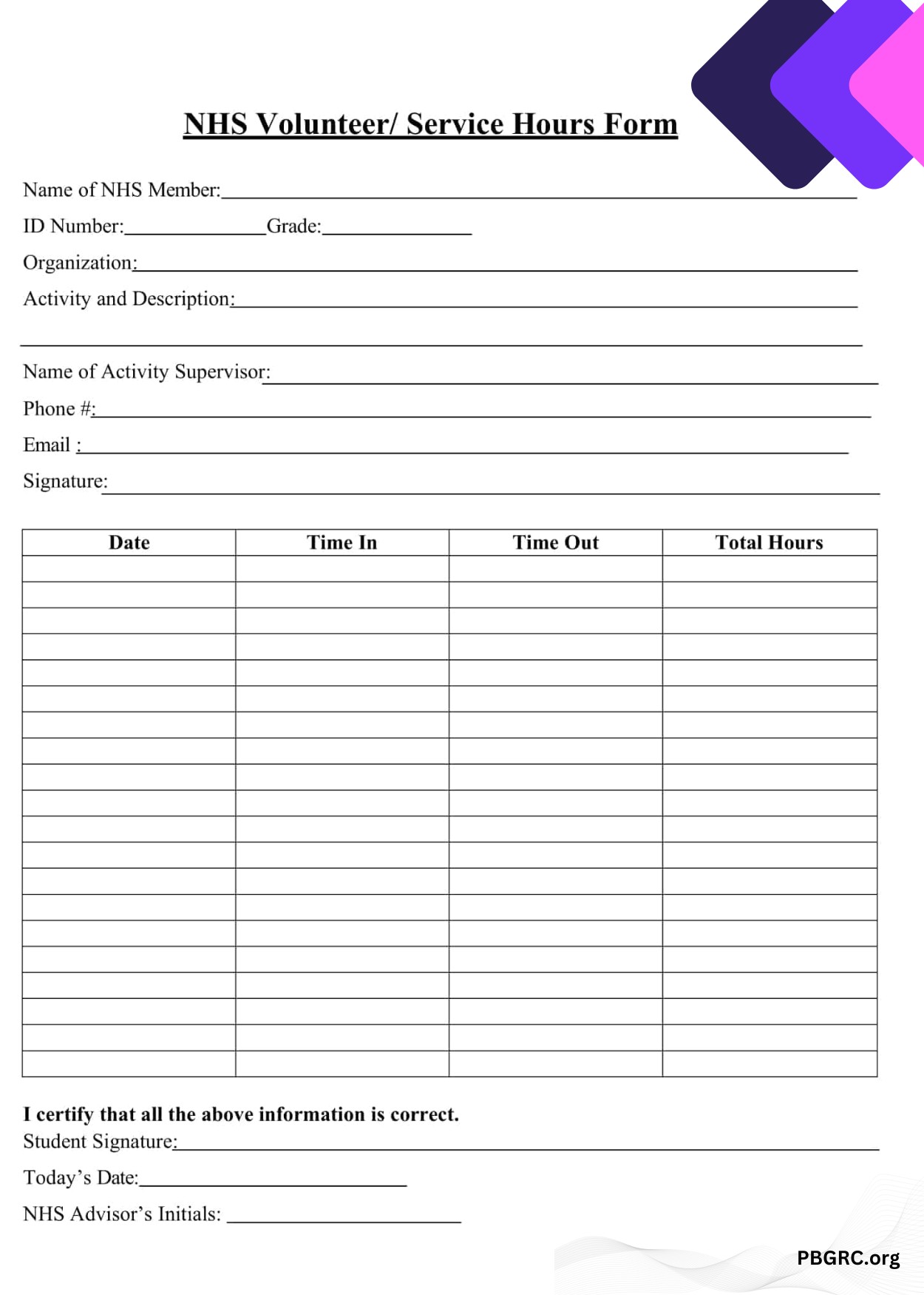 Free Printable Volunteer Hours Log Sheet Template